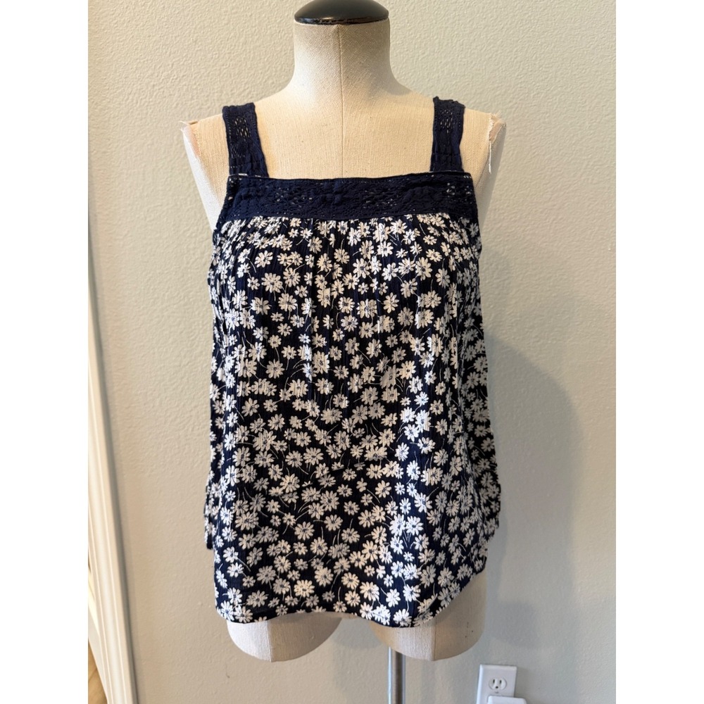 Arizona Jean Co Womens S Navy Blue Floral Tank Top Crochet Lace Boho Rayon Cotto